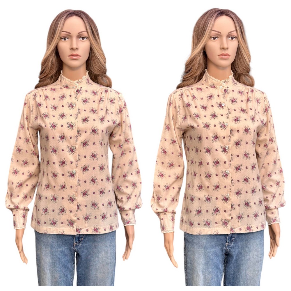 Vintage 70s Land n Sea Prairie Cottage Western Floral lace cream blouse Small 34